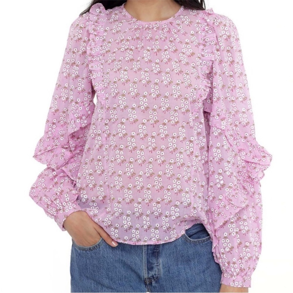 Banjanan Margot Cotton Ruffle Long Sleeve Top Orchid Bouquet Size Small